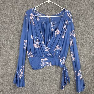 Free People Fiona Top Blouse  Womens XS Cobalt Blue Floral Faux Wrap Bell Sleeve